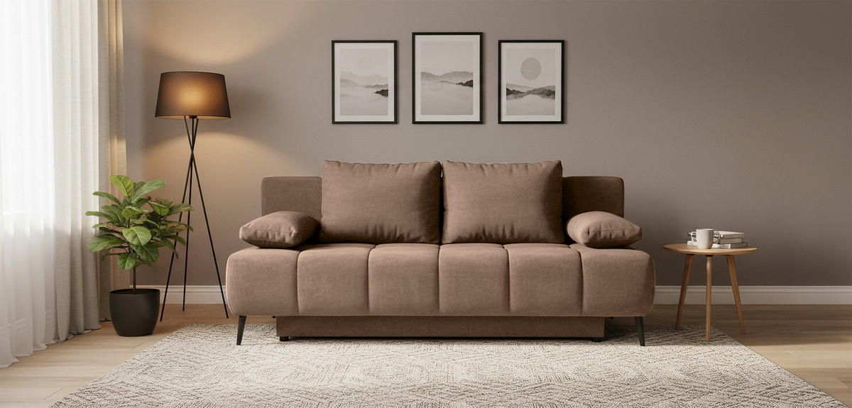 SCHLAFSOFA BOBBIO PLUS Velours Braun  inkl. Rückenkissen, Armlehnenkissen, Stauraum  - Schwarz/Braun, Design, Textil/Metall (204/90/95cm) - MID.YOU