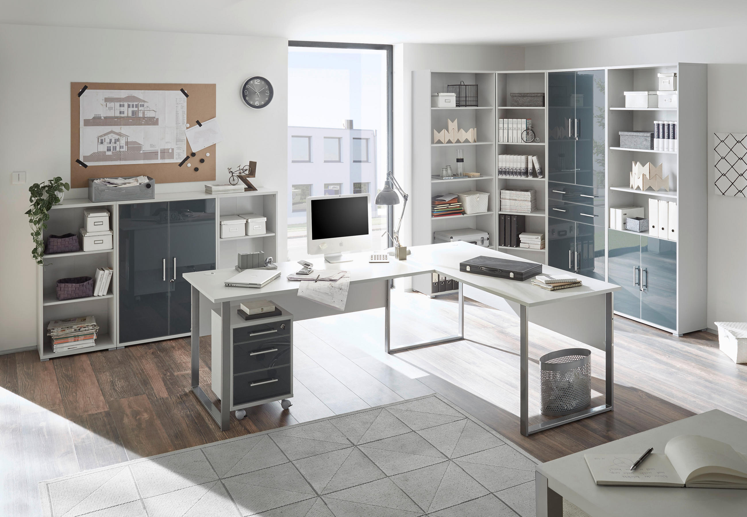 ECKSCHREIBTISCH 170+223/77/73 cm  in Hellgrau  - Hellgrau/Alufarben, Design, Holzwerkstoff/Metall (170+223/77/73cm) - MID.YOU
