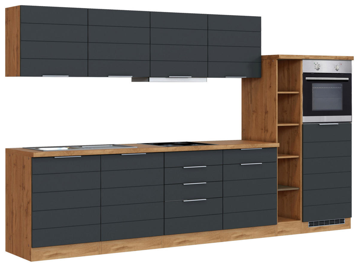 KÜCHENBLOCK 330 cm   in Grau, Eiche Wotan  - Eiche Wotan/Grau, Design, Holzwerkstoff/Metall (330cm) - Held