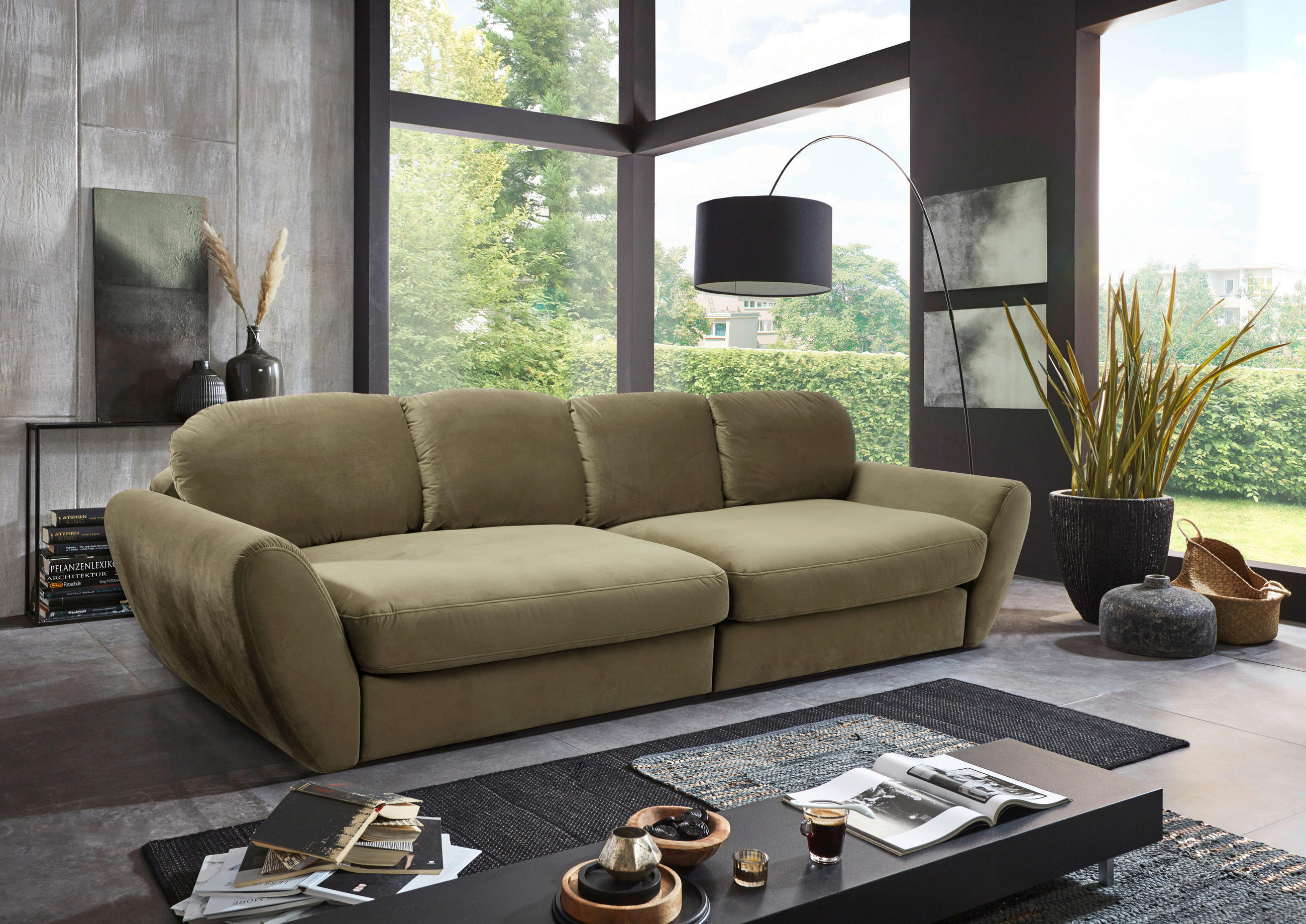 BIGSOFA Flachgewebe Olivgrün  - Schwarz/Olivgrün, MODERN, Kunststoff/Textil (290/96/113cm) - Cantus