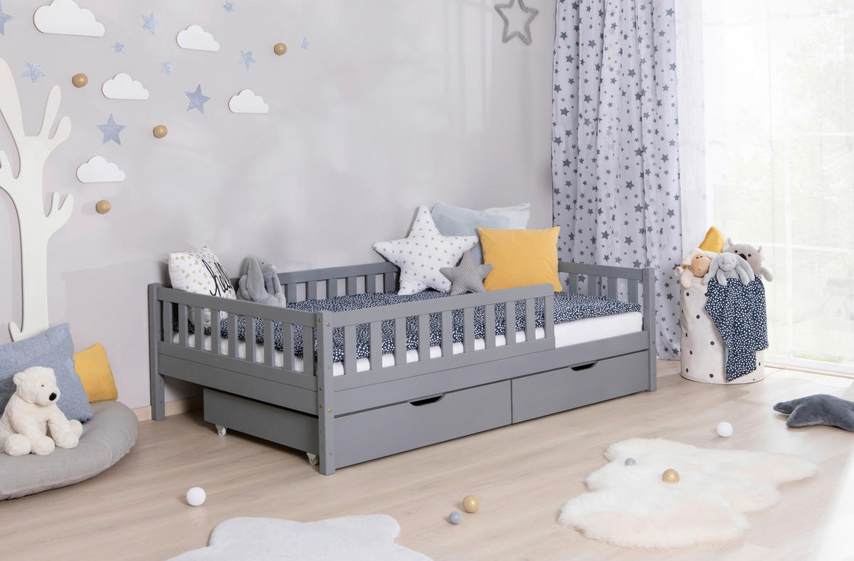 HAUSBETT Absturzsicherung, Matratze, Rollrost, Bettschublade 140/200 cm  - Hellgrau/Weiß, MODERN, Holz/Textil (140/200cm) - MID.YOU