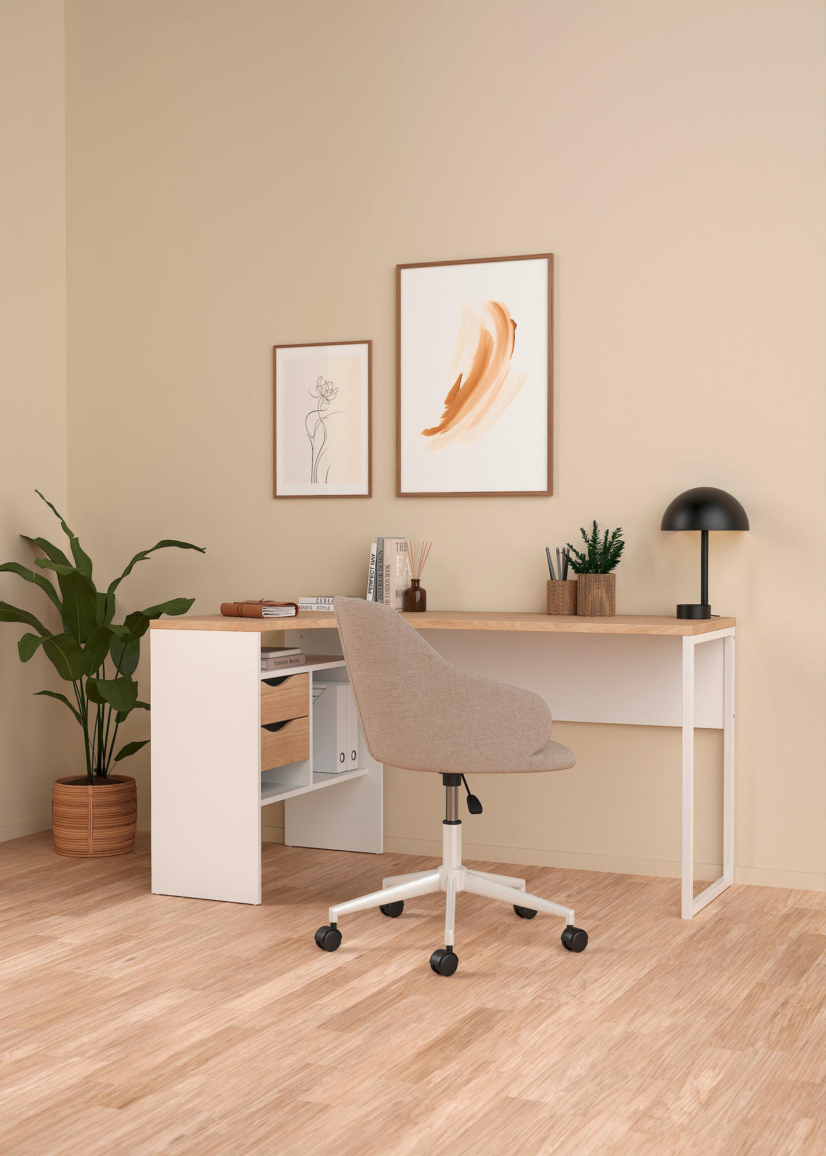 ÍRÓASZTAL  - tölgyfa színű/fehér, Modern, faalapú anyag/fém (145,1/81/76,8cm) - MID.YOU