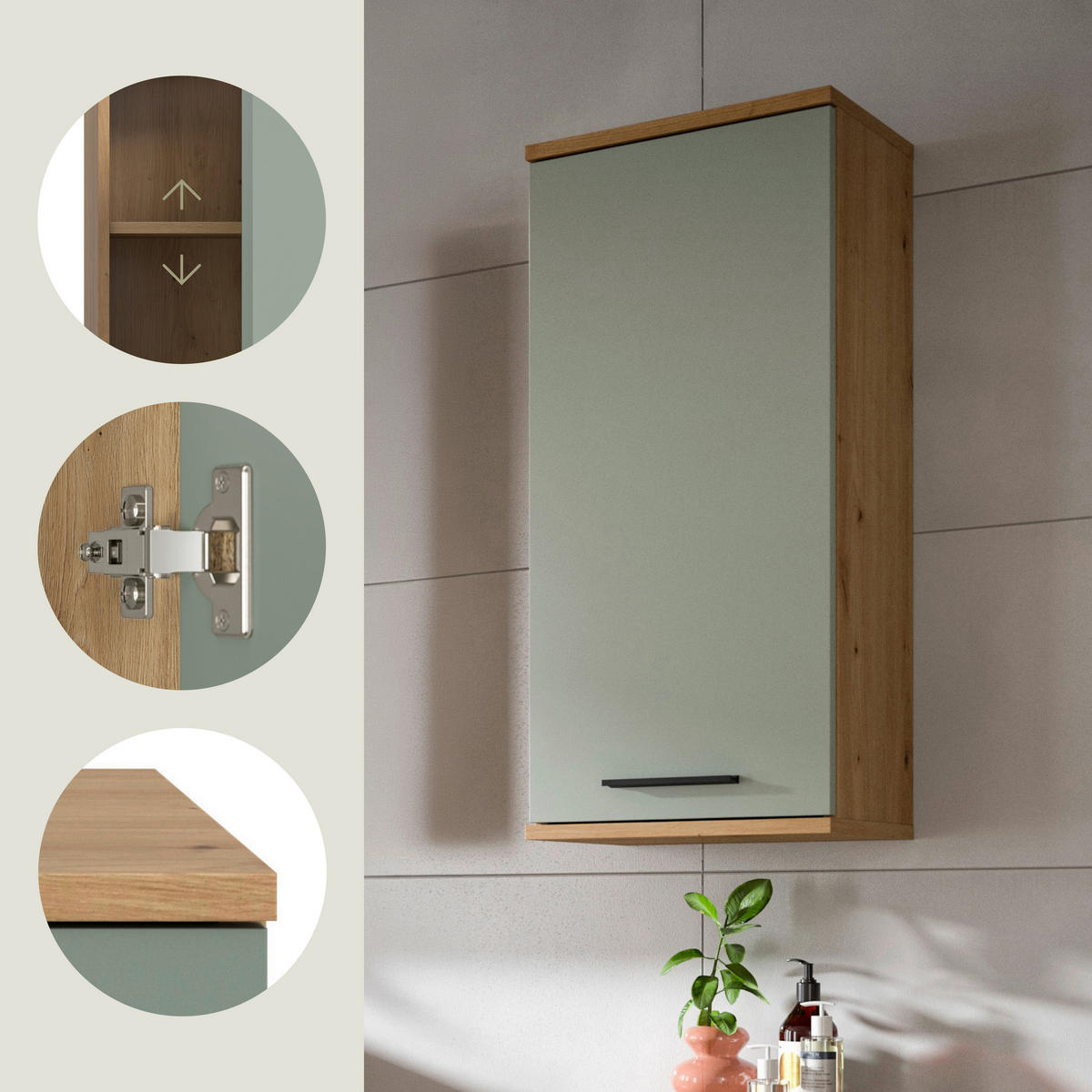 HÄNGESCHRANK 35/77/25 cm  - Salbeigrün/Schwarz, Trend, Holzwerkstoff/Kunststoff (35/77/25cm) - MID.YOU