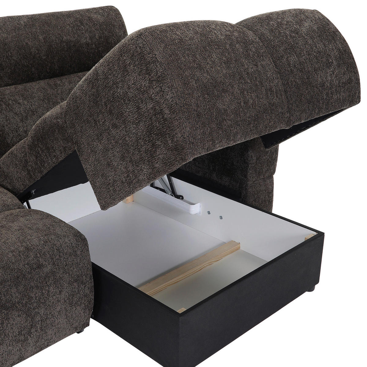 ECKSOFA Dunkelbraun Chenille Bettkasten, Rücken echt, Kopfteilverstellung, Sitztiefenverstellung  - Dunkelbraun/Schwarz, MODERN, Kunststoff/Textil (268/165cm) - Carryhome