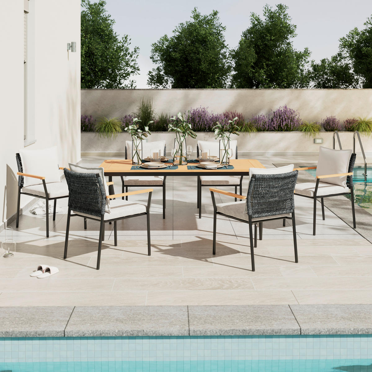 DINING-LOUNGESET Teakholz Aluminium  - Creme/Schwarz, MODERN, Holz/Kunststoff - Ambia Garden