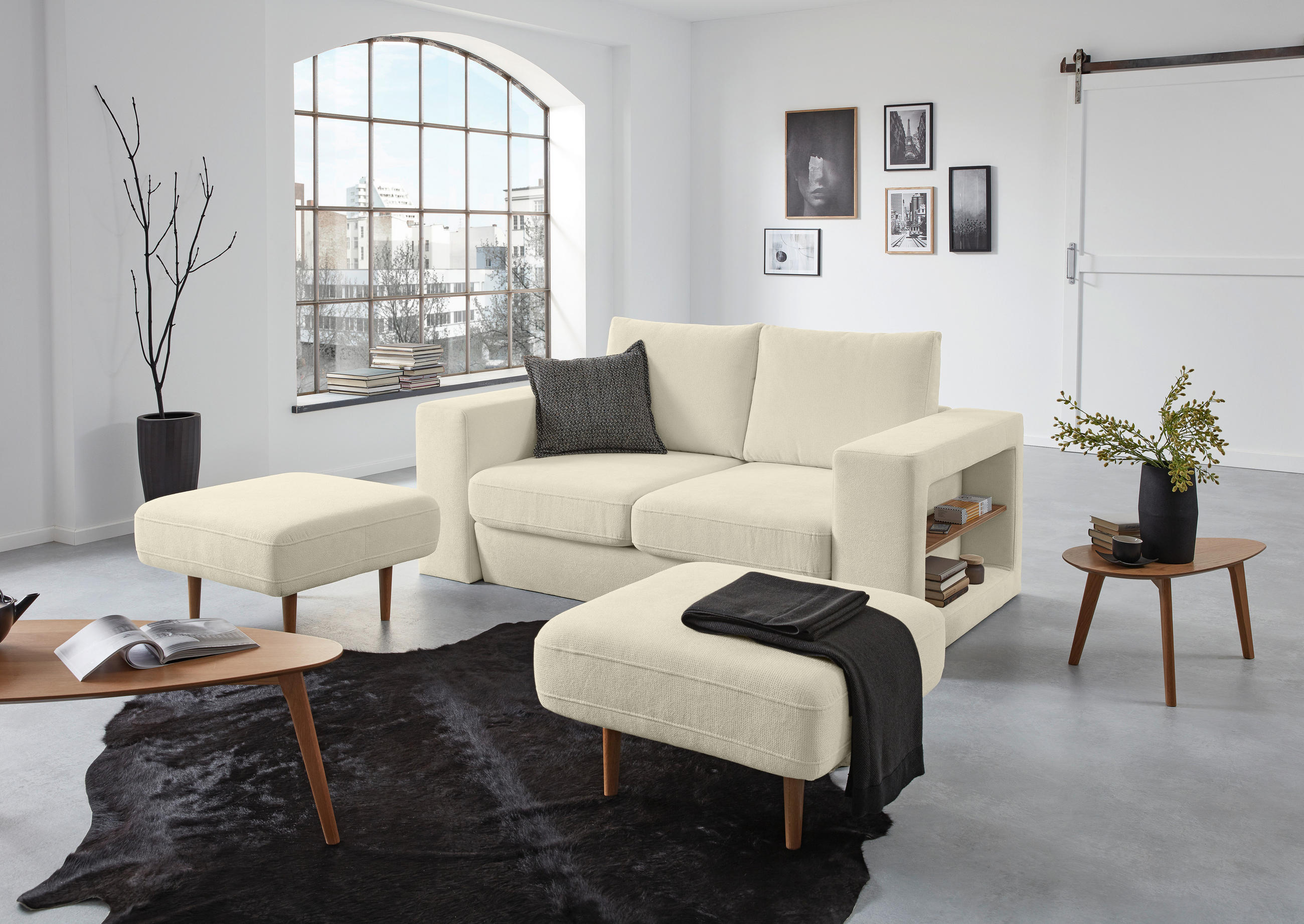 3,5-SITZER inkl. Hocker Webstoff Creme  - Eichefarben/Creme, Design, Holz/Textil (232/96/107cm) - LOOKS by W.Joop
