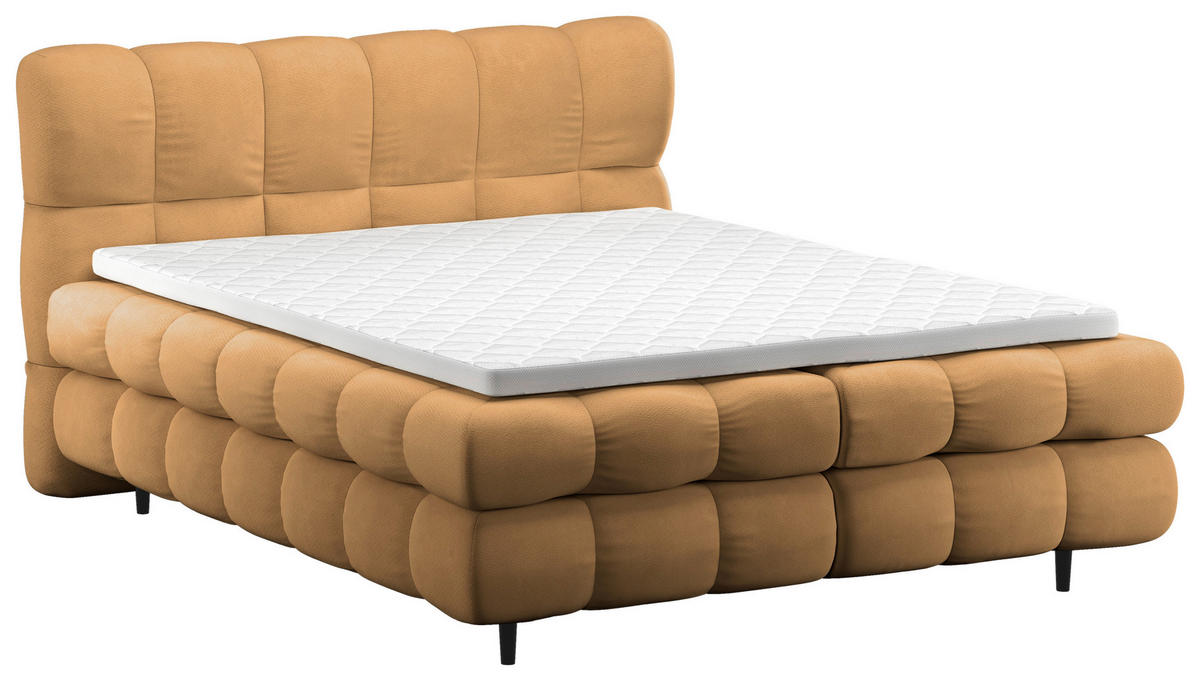 BOXBETT 160/200 cm,  in Goldfarben, gepolstertes Kopfteil, Bettkasten, Topper, H3 + H3 = fest  - Goldfarben/Schwarz, Design, Textil/Metall (160/200cm) - Ti'me