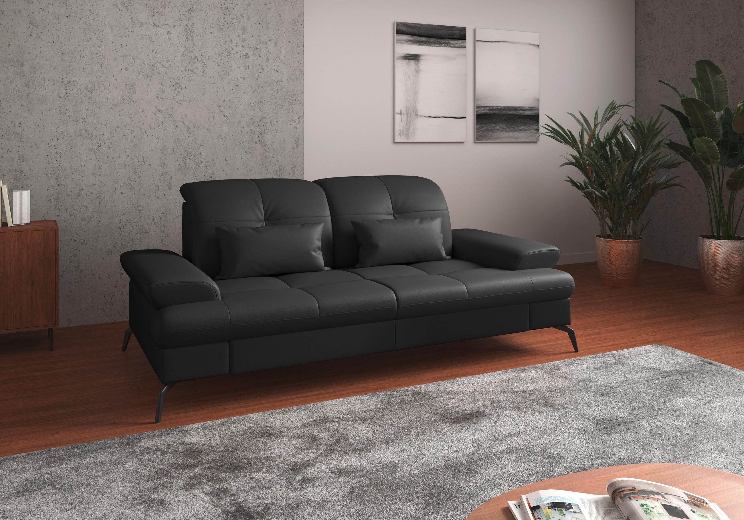 3-SITZER-SOFA in Echtleder Schwarz - Schwarz, Konventionell, Leder/Metall (212/90/122cm) - Sit & More