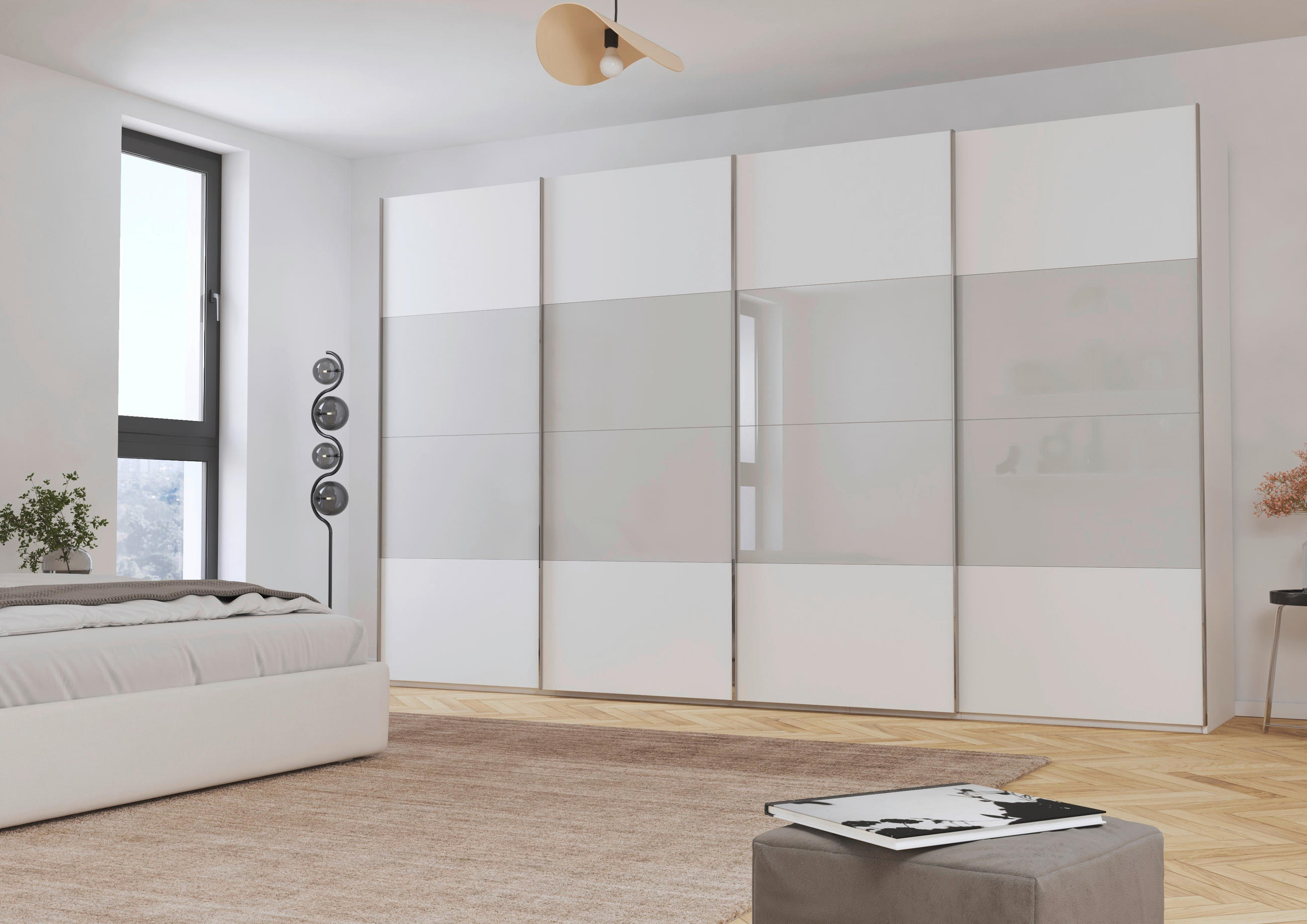 SCHWEBETÜRENSCHRANK 361/223/68 cm 4-türig Grau, Weiß  - Chromfarben/Weiß, KONVENTIONELL, Glas/Holzwerkstoff (361/223/68cm) - Novel