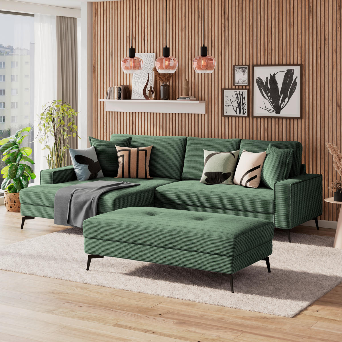 ECKSOFA ZERO Grün Cord Zierkissen, Rückenkissen  - Schwarz/Grün, Trend, Textil/Metall (173/286cm) - Livetastic