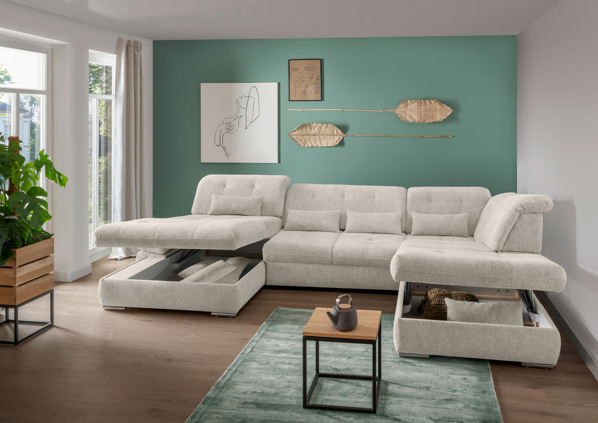 WOHNLANDSCHAFT in Chenille Beige  - Chromfarben/Beige, Design, Textil/Metall (195/376/254cm) - Livetastic