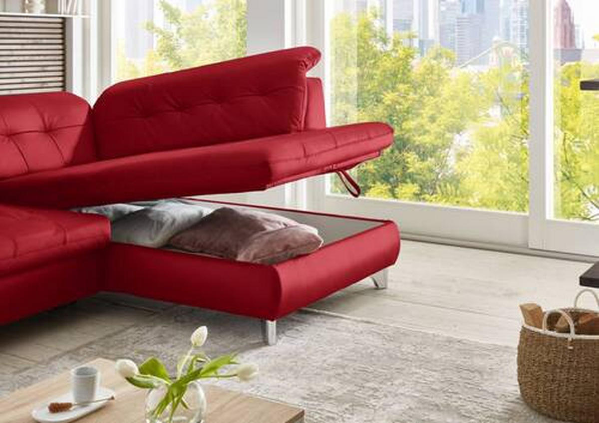 ECKSOFA in Echtleder Rot  - Rot/Alufarben, Design, Leder/Metall (309/211cm) - Beldomo Speed