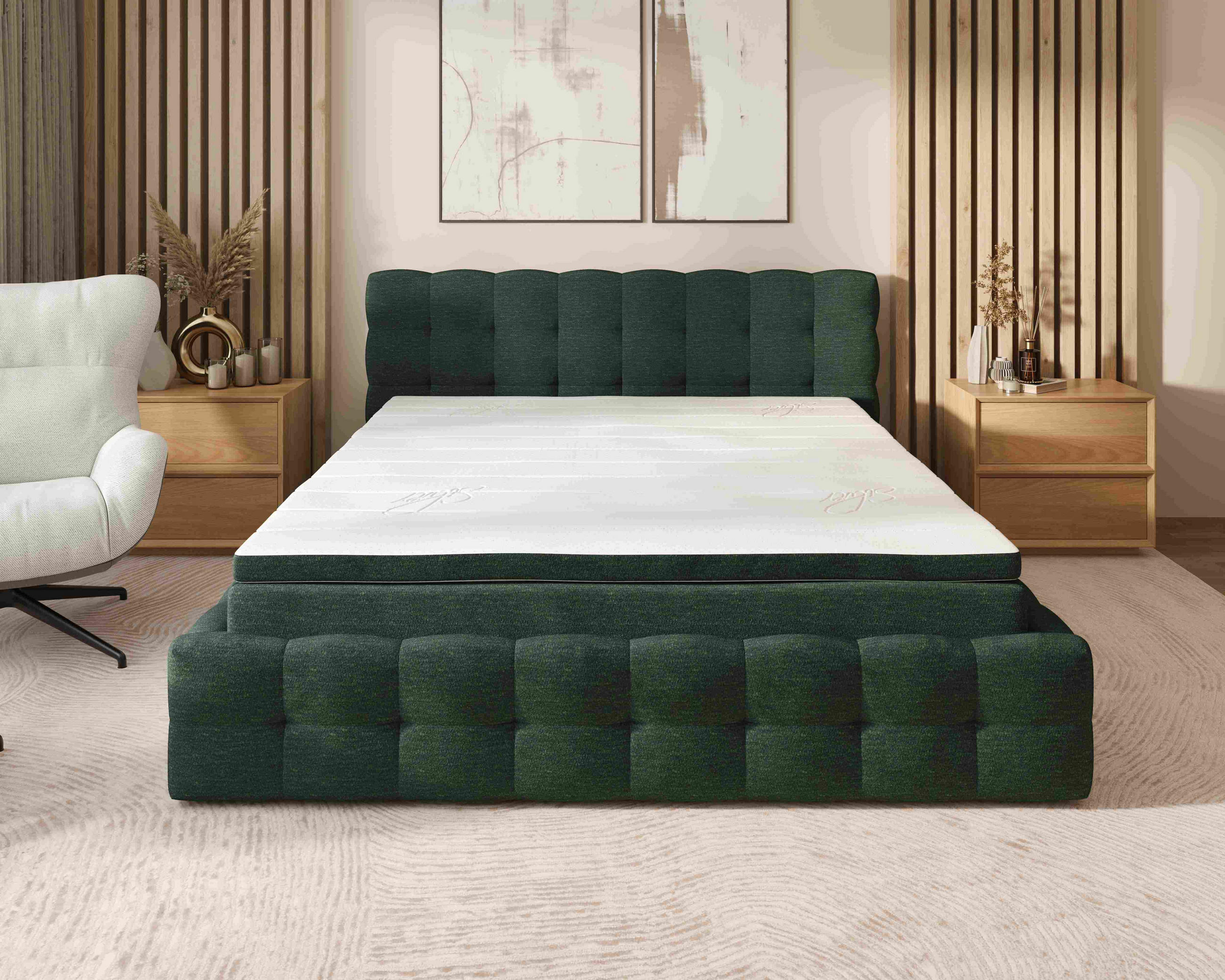 POLSTERBETT 160/200 cm,  in Waldgrün, Matratze, gepolstertes Kopfteil, Lattenrost, Bettkasten, Topper, H3 + H3 = fest  - Waldgrün/Schwarz, MODERN, Holz/Kunststoff (160/200cm) - Chameo