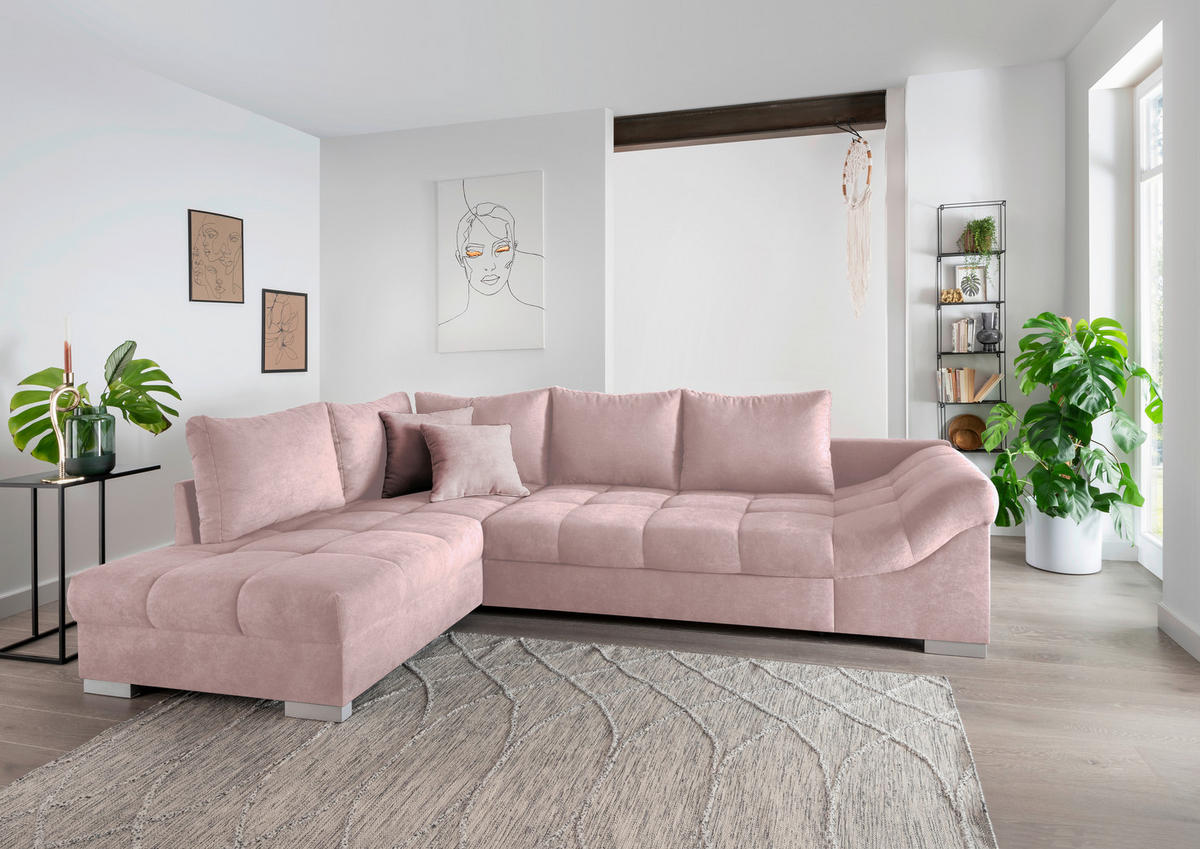 ECKSCHLAFSOFA Rosa Mikrofaser  - Silberfarben/Rosa, Design, Holz/Textil (202/298cm) - MID.YOU