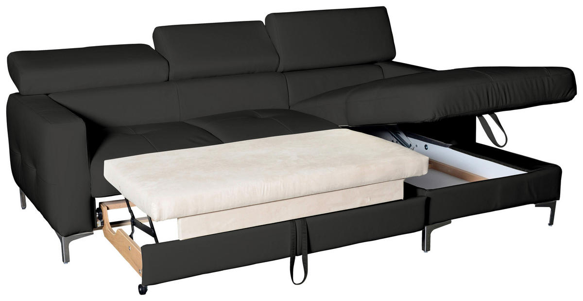 ECKSOFA in Echtleder Schwarz  - Chromfarben/Schwarz, Design, Leder/Metall (227/168cm) - Livetastic