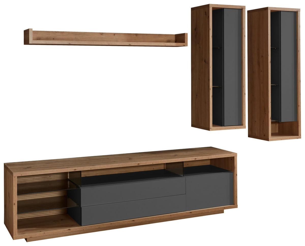 WOHNWAND  in Grau, Eiche Artisan 300/183,6/42 cm  - Eiche Artisan/Grau, Design, Glas/Holzwerkstoff (300/183,6/42cm) - Stylife