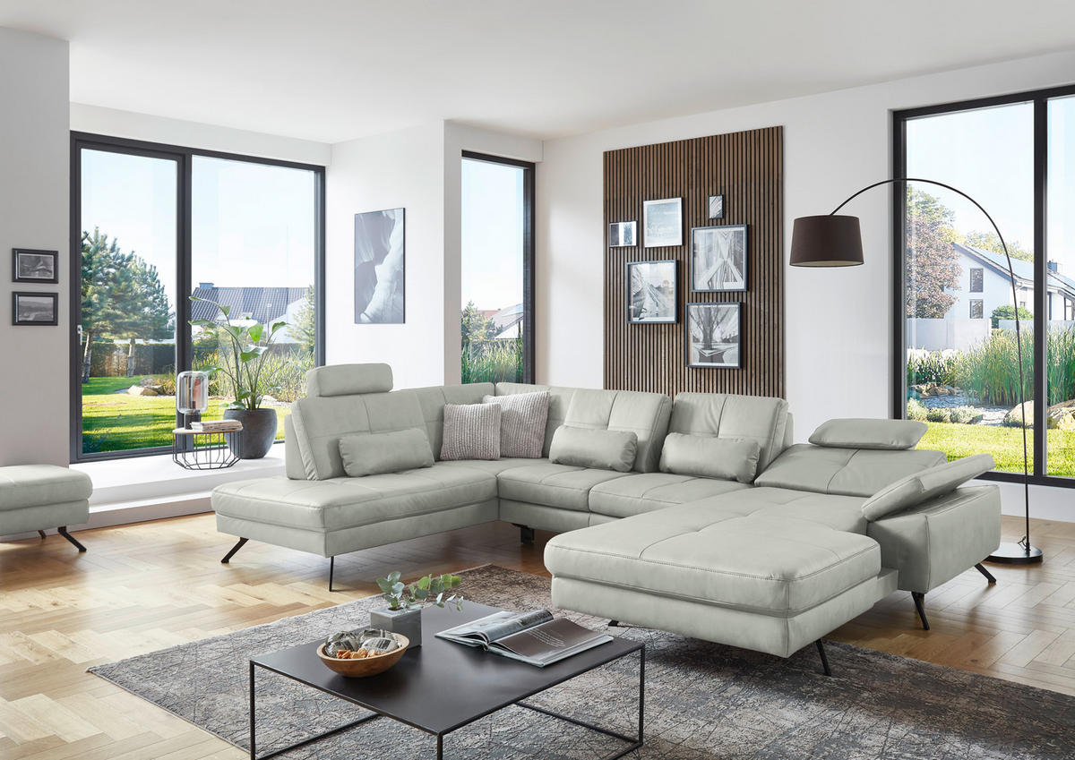 WOHNLANDSCHAFT in Lederlook, Mikrofaser Hellgrau  - Hellgrau/Schwarz, Design, Textil/Metall (220/345/179cm) - Beldomo System