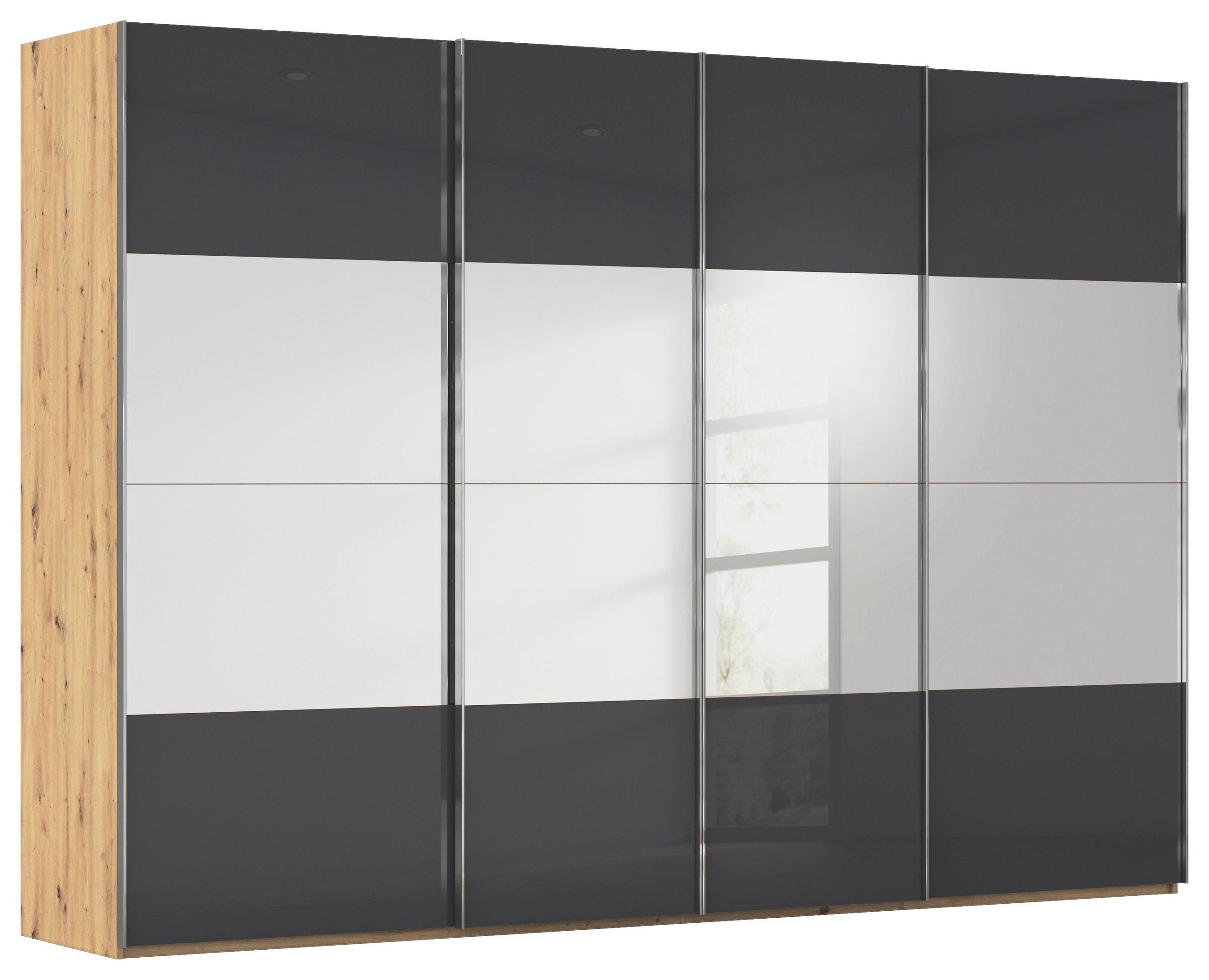 SCHWEBETÜRENSCHRANK 316/235/68 cm 4-türig Schwarz, Eiche Artisan  - Chromfarben/Schwarz, Design, Glas/Holzwerkstoff (316/235/68cm) - Novel