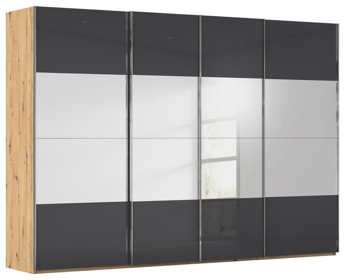 SCHWEBETÜRENSCHRANK  in Schwarz, Eiche Artisan  - Chromfarben/Schwarz, Design, Glas/Holzwerkstoff (316/235/68cm) - Novel