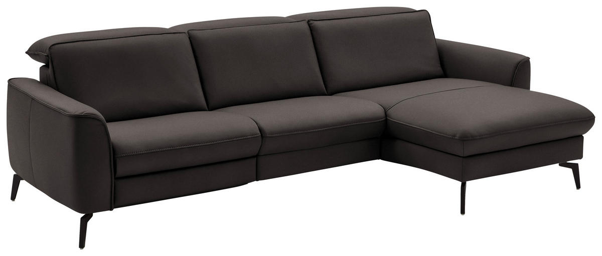 ECKSOFA in Echtleder Dunkelgrau  - Dunkelgrau/Schwarz, Natur, Leder/Metall (281/168cm) - Valdera