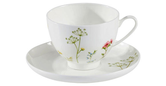KAFFEETASSE MIT UNTERTASSE Wildflower - Multicolor/Weiß, LIFESTYLE, Keramik - Novel