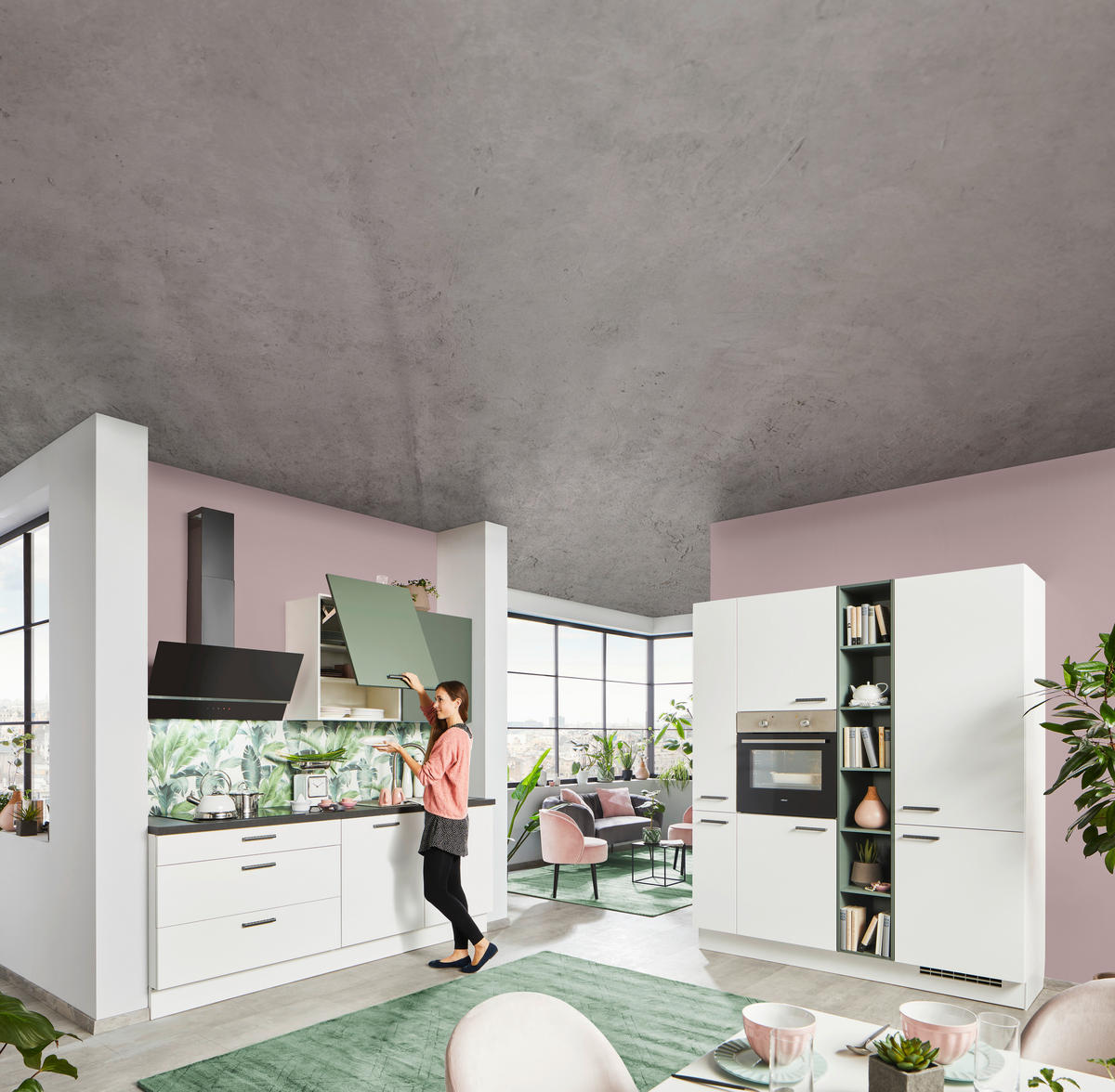 ROHOVÁ KUCHYNĚ LARS 220 - bílá/zelená, Design, kompozitní dřevo (220/180cm) - Celina