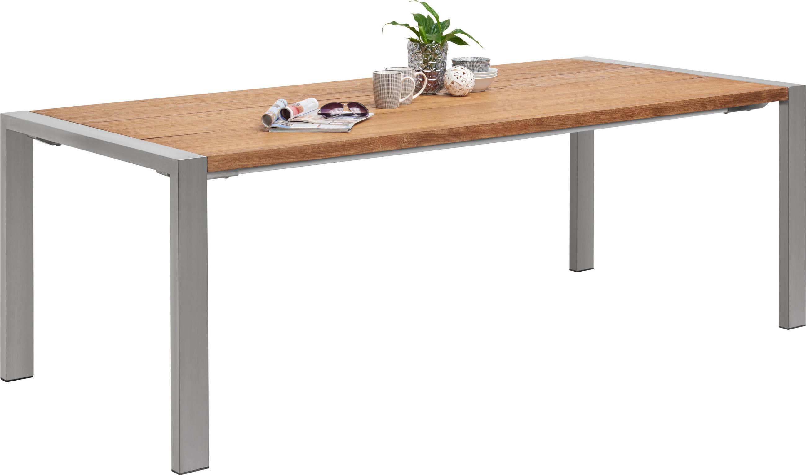 GARTENTISCH 220/100/76 cm Holz, Metall rechteckig  - Edelstahlfarben/Teakfarben, ROMANTIK / LANDHAUS, Holz/Metall (220/100/76cm) - Amatio
