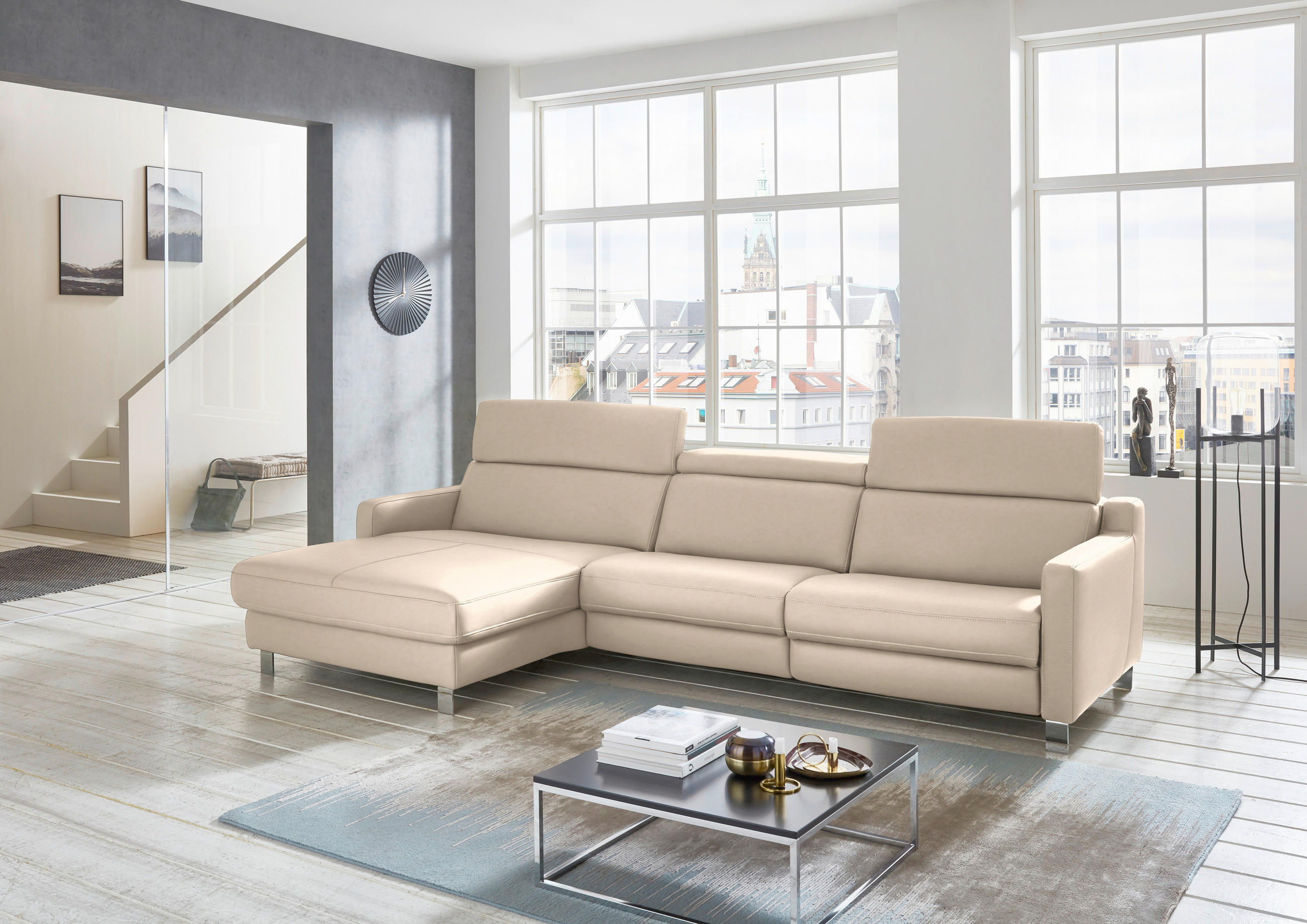 ECKSOFA in Echtleder Hellbraun  - Chromfarben/Hellbraun, Design, Leder/Metall (176/291cm) - Valdera