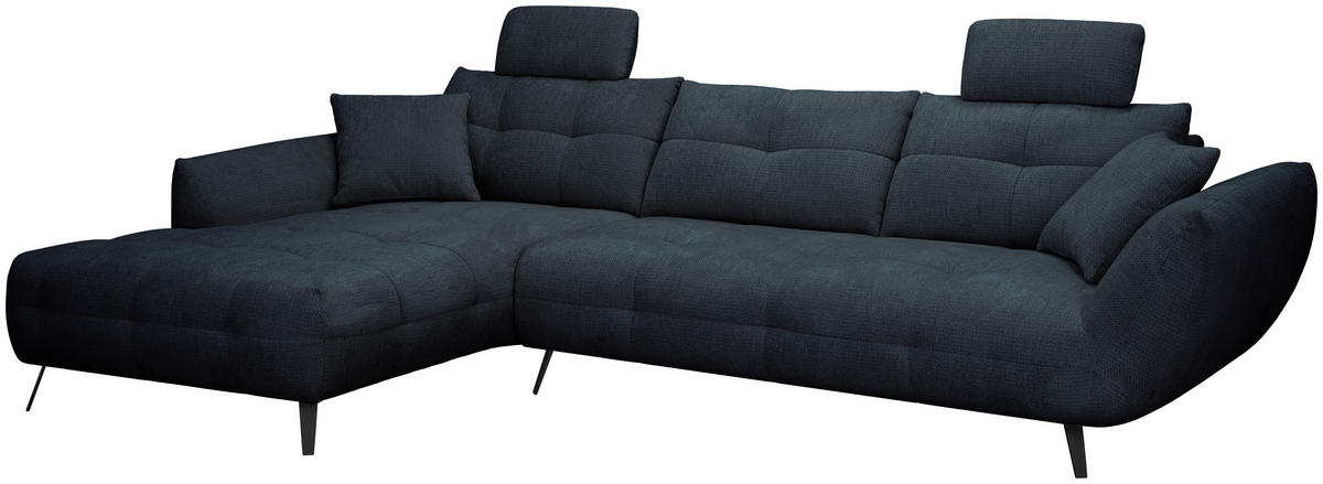 ECKSOFA Dunkelblau Chenille Armlehnenkissen, Rücken echt, Sitztiefenverstellung  - Schwarz/Dunkelblau, KONVENTIONELL, Textil/Metall (215/313cm) - Hom`in