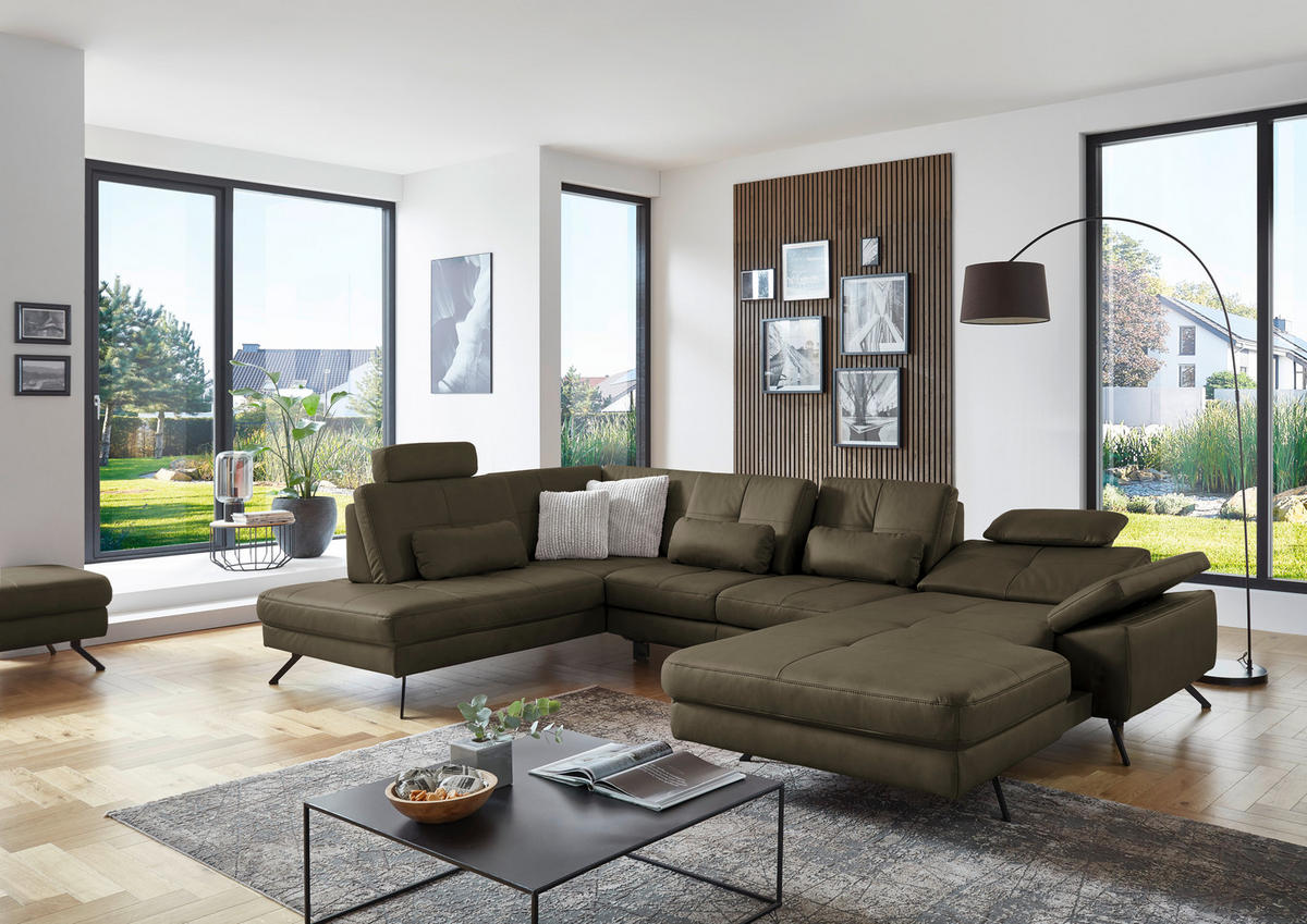 WOHNLANDSCHAFT in Lederlook, Mikrofaser Olivgrün  - Schwarz/Olivgrün, Design, Textil/Metall (220/345cm) - Beldomo System