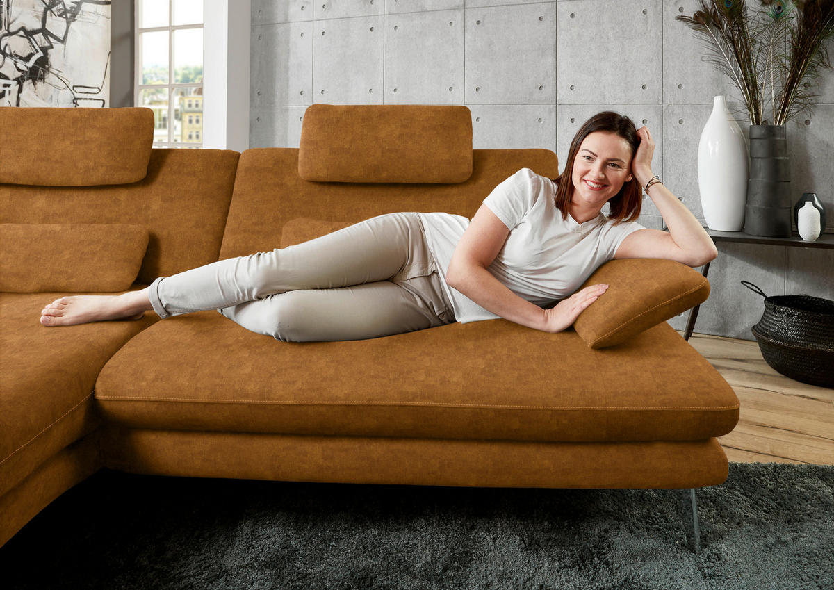 ECKSOFA in Velours Cognac  - Cognac/Schwarz, Design, Textil/Metall (184/284cm) - Dieter Knoll