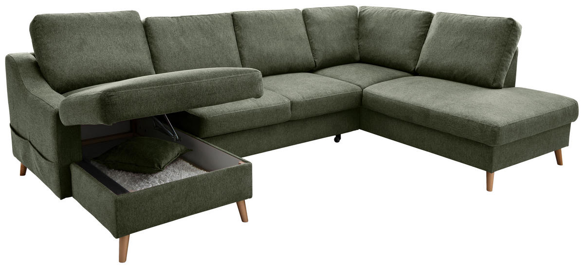 WOHNLANDSCHAFT in Chenille Dunkelgrün  - Dunkelgrün/Naturfarben, Konventionell, Holz/Textil (150/301/200cm) - Livetastic