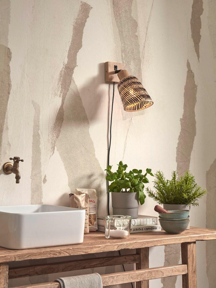 WANDLEUCHTE - Schwarz/Naturfarben, Trend (15/15/22cm) - Good & Mojo