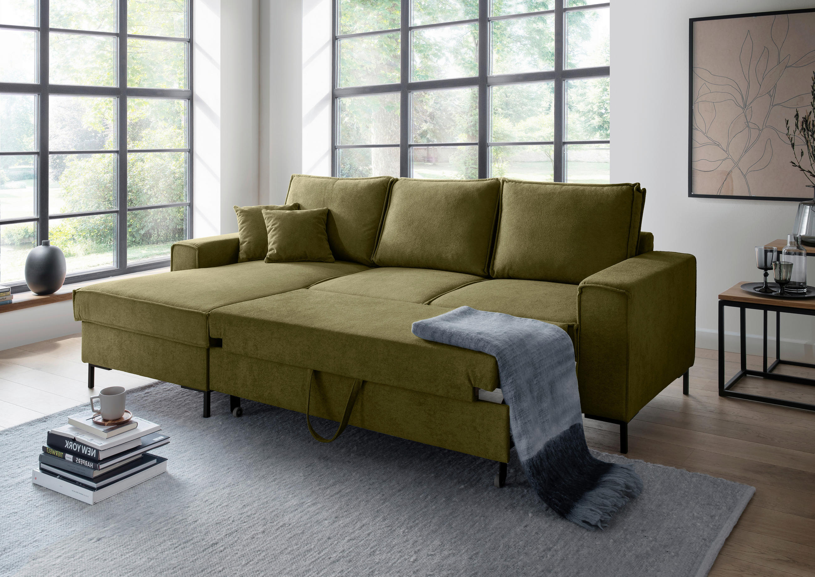 ROHOVÁ SEDAČKA, textil, zelená - černá/zelená, Moderní, kov/textil (150/240cm) - Livetastic