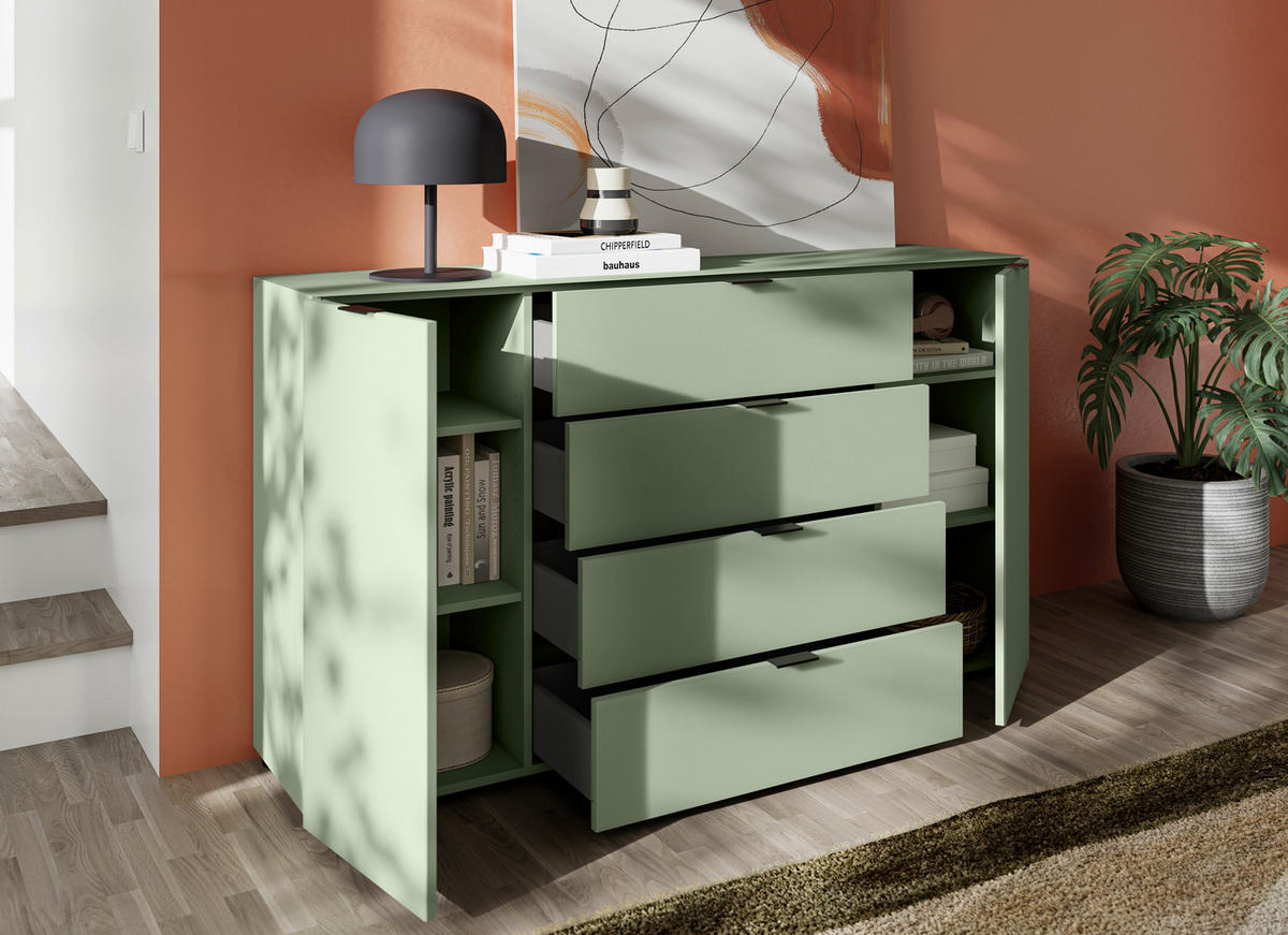 SIDEBOARD  160/94/40 cm 4 Schublade(n)  - Salbeigrün/Schwarz, Basics, Glas/Holzwerkstoff (160/94/40cm) - Novel