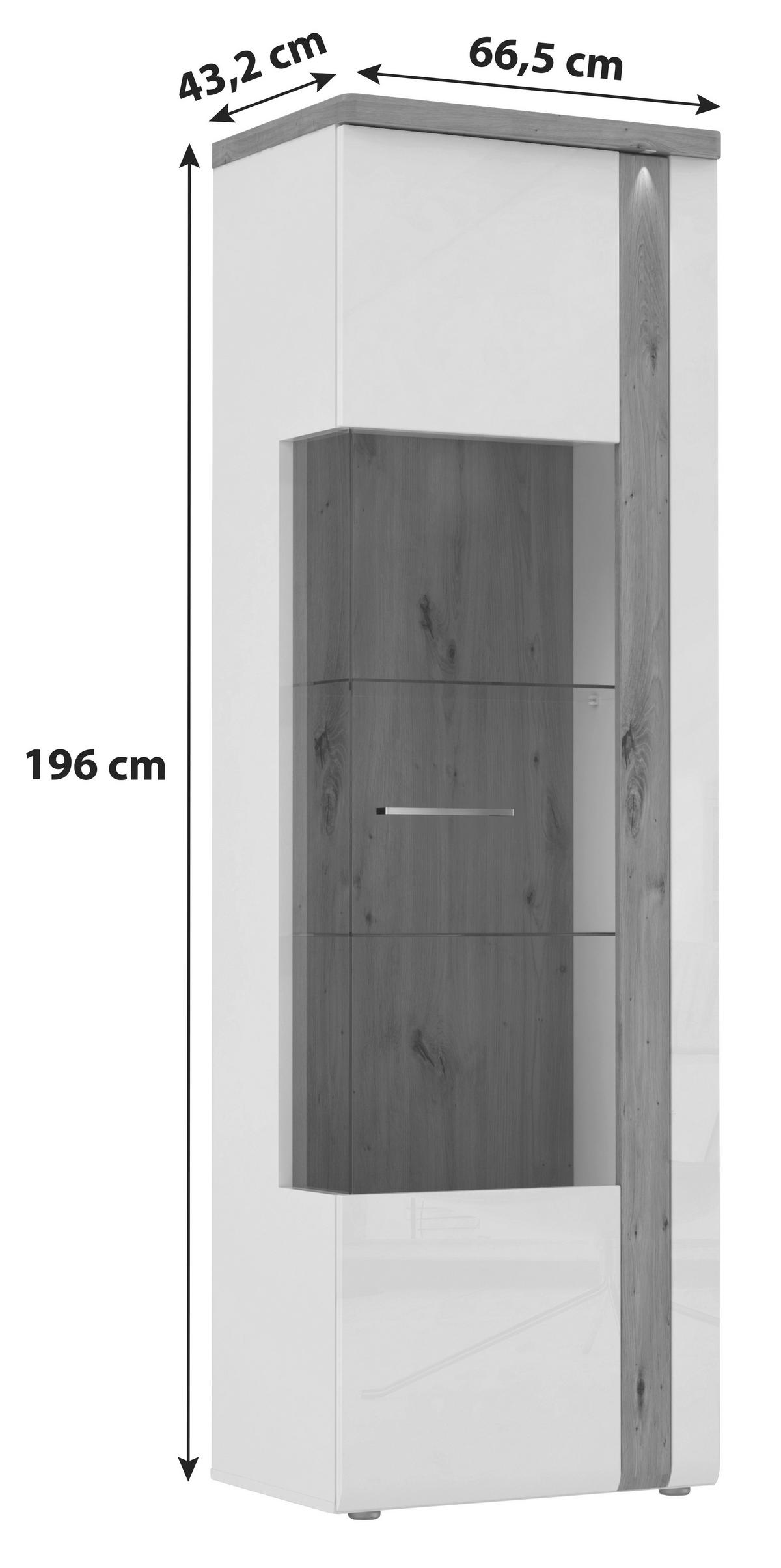 VITRINE in Eichefarben, Weiß Hochglanz  - Chromfarben/Eichefarben, MODERN, Glas/Holzwerkstoff (66,5/196/43,2cm)