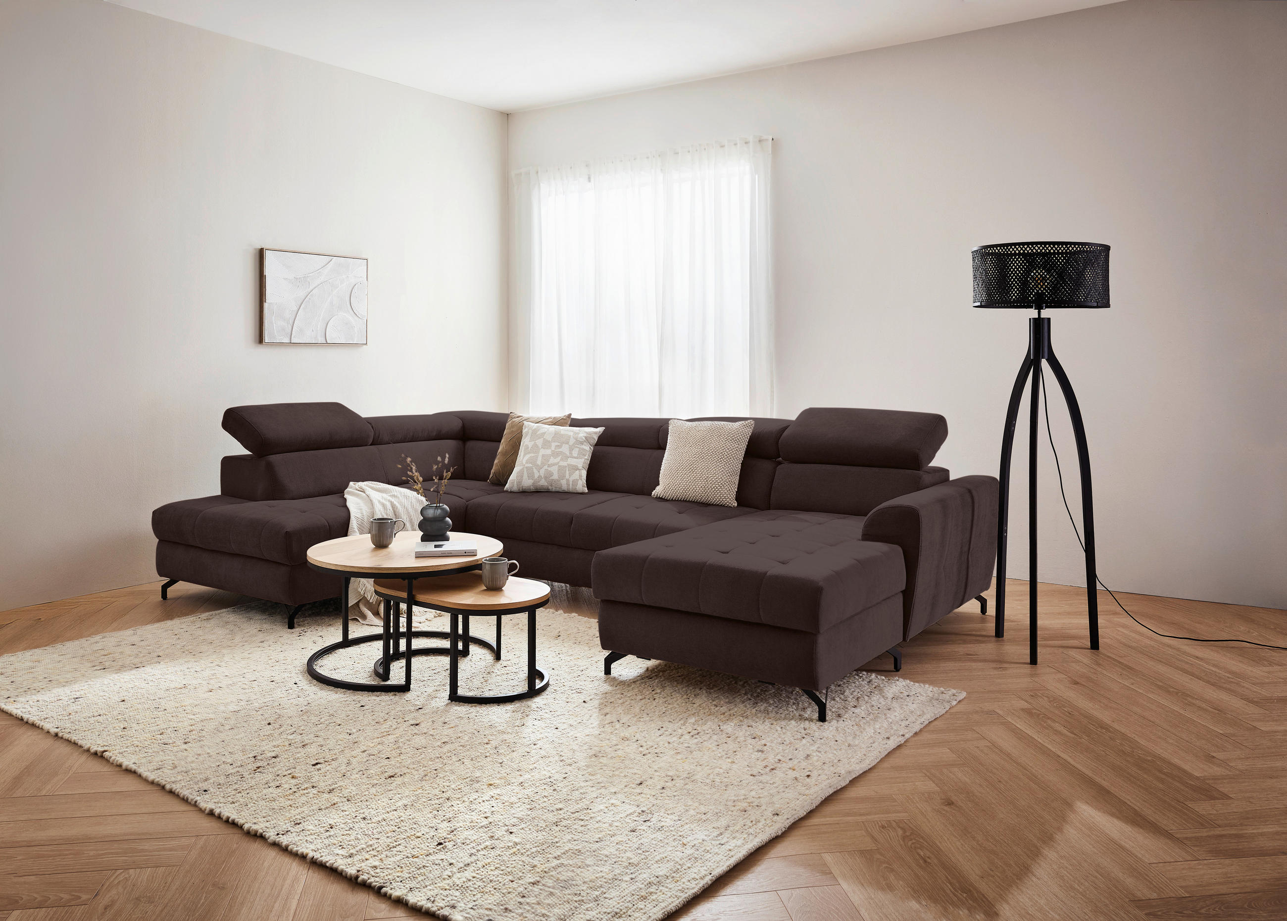 WOHNLANDSCHAFT Dunkelbraun Struktur  - Dunkelbraun/Schwarz, Design, Textil/Metall (203/327/177cm) - Stylife