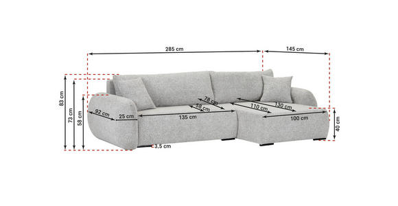 ECKSOFA Grau Flachgewebe Zierkissen, Rückenkissen, Bettkasten, Schlaffunktion, Rücken echt, Liegefläche im Originalstoff  - Schwarz/Grau, KONVENTIONELL, Kunststoff/Textil (145/285cm) - Carryhome