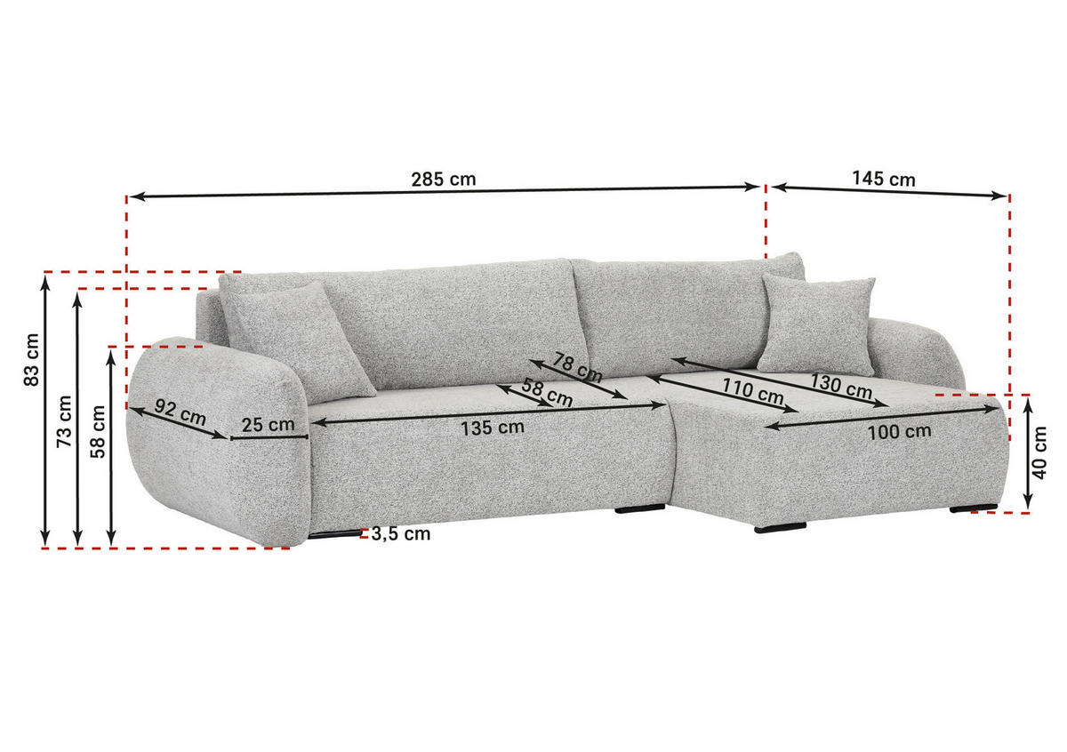 ECKSOFA Grau Flachgewebe Zierkissen, Rückenkissen, Bettkasten, Schlaffunktion, Rücken echt, Liegefläche im Originalstoff  - Schwarz/Grau, KONVENTIONELL, Kunststoff/Textil (145/285cm) - Carryhome