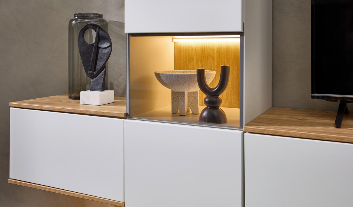 WOHNWAND  in Weiß, Eichefarben  285/215/40 cm  - Eichefarben/Schwarz, KONVENTIONELL, Glas/Holzwerkstoff (285/215/40cm) - Venda