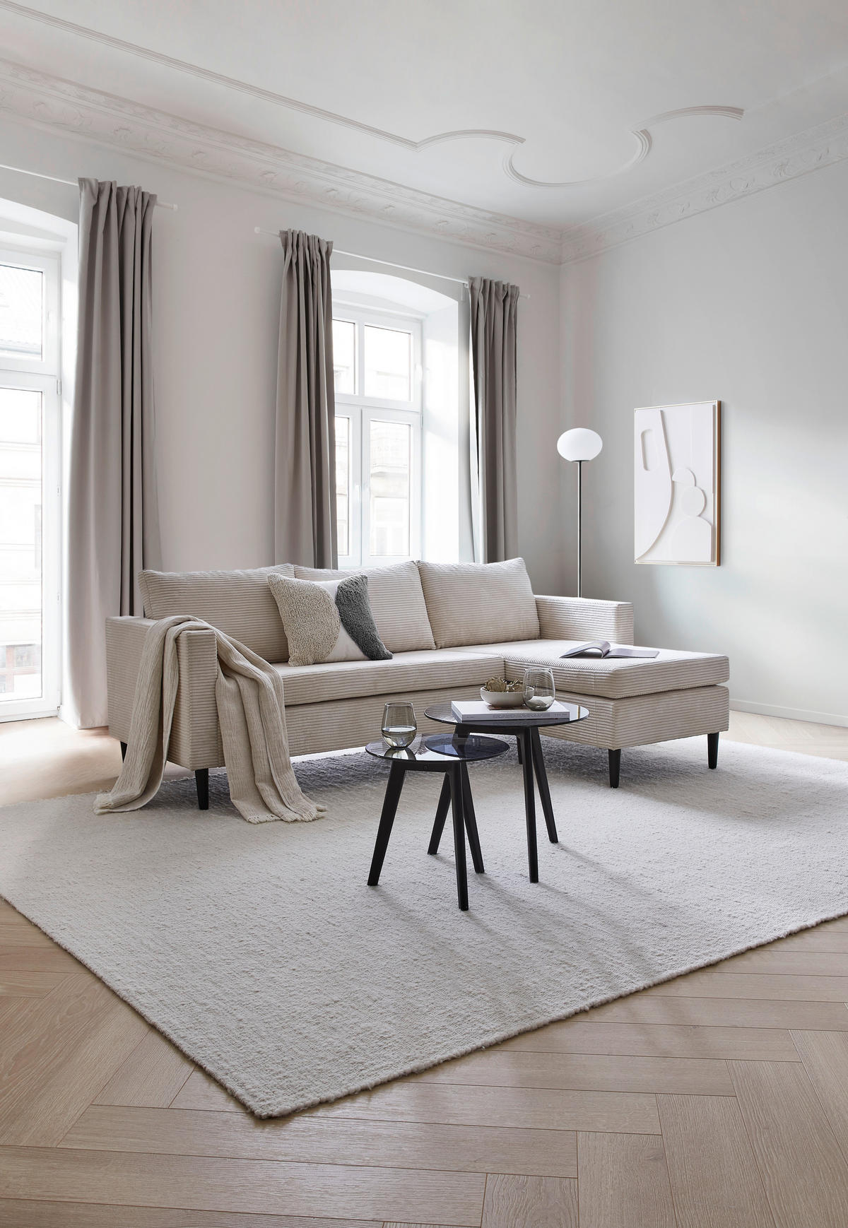 ECKSOFA Beige Cord  - Beige/Schwarz, KONVENTIONELL, Holz/Textil (218/150cm) - Boxxx