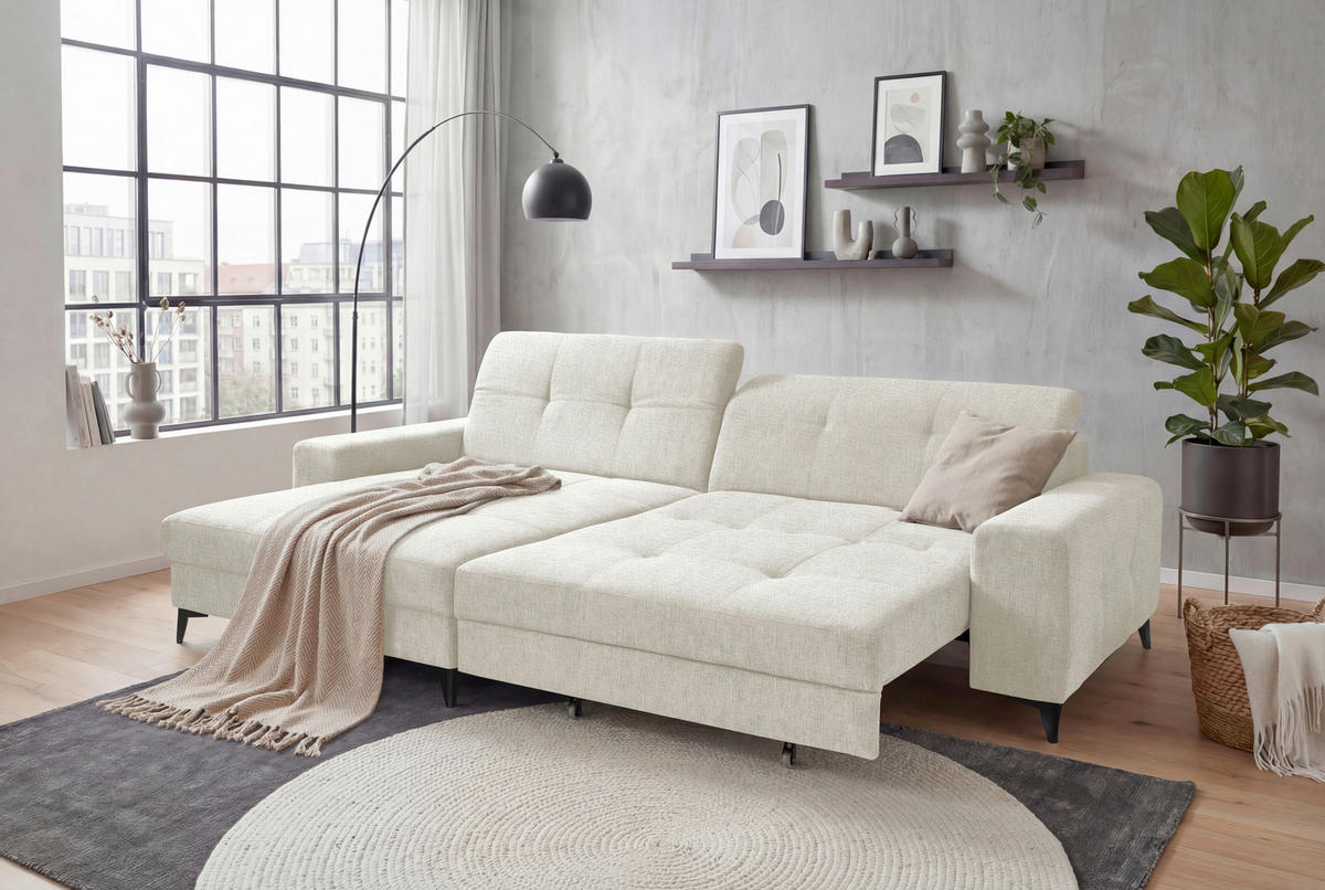 ECKSOFA SORELLA Creme Chenille Kopfteilverstellung, Sitztiefenverstellung  - Creme/Schwarz, Design, Kunststoff/Textil (182/328cm) - MID.YOU