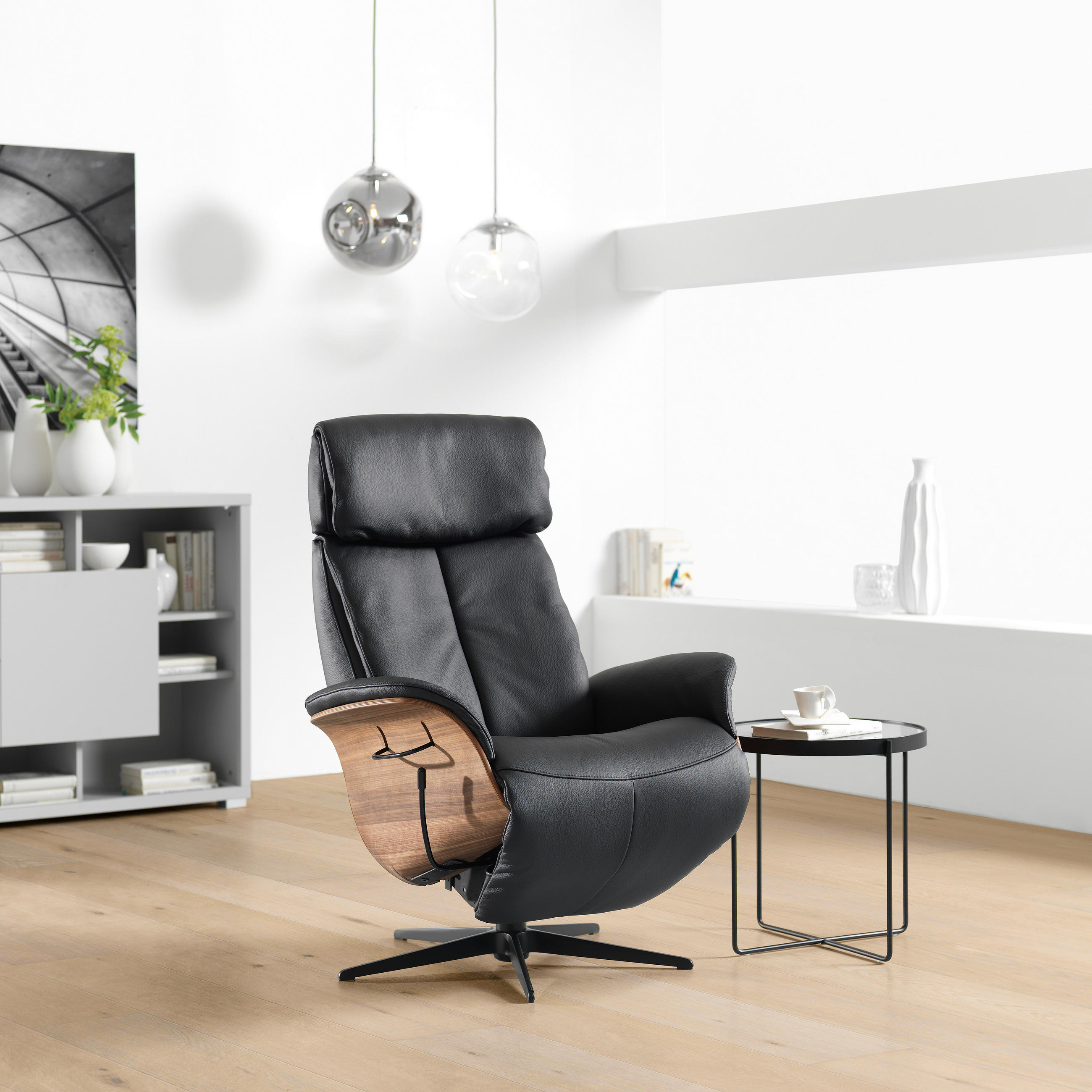 RELAXSESSEL Echtleder Relaxfunktion, Kopfteilverstellung    - Nussbaumfarben/Schwarz, Design, Leder/Holz (78/104-113/84cm) - Welnova