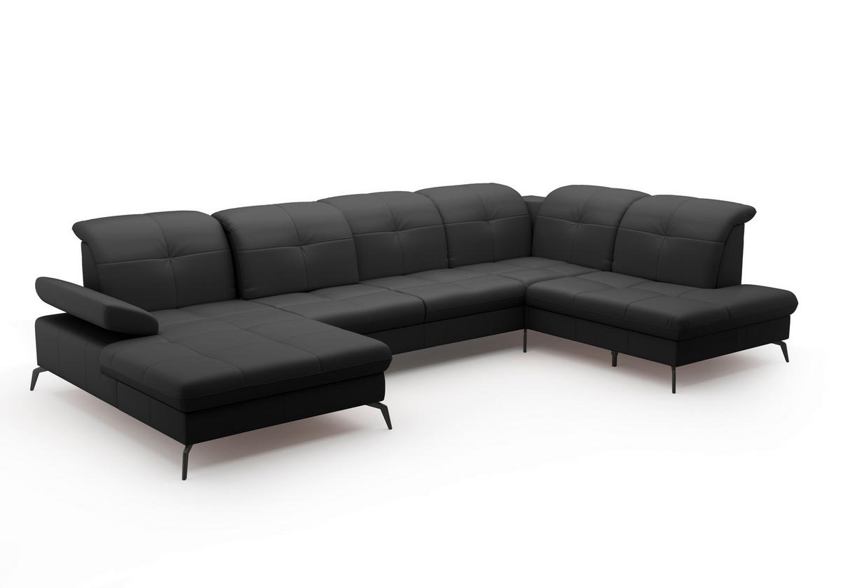 WOHNLANDSCHAFT Schwarz Kombination Echtleder/Stoff Vliesstoff  - Schwarz, KONVENTIONELL, Leder/Textil (185/357/231cm) - Sit & More