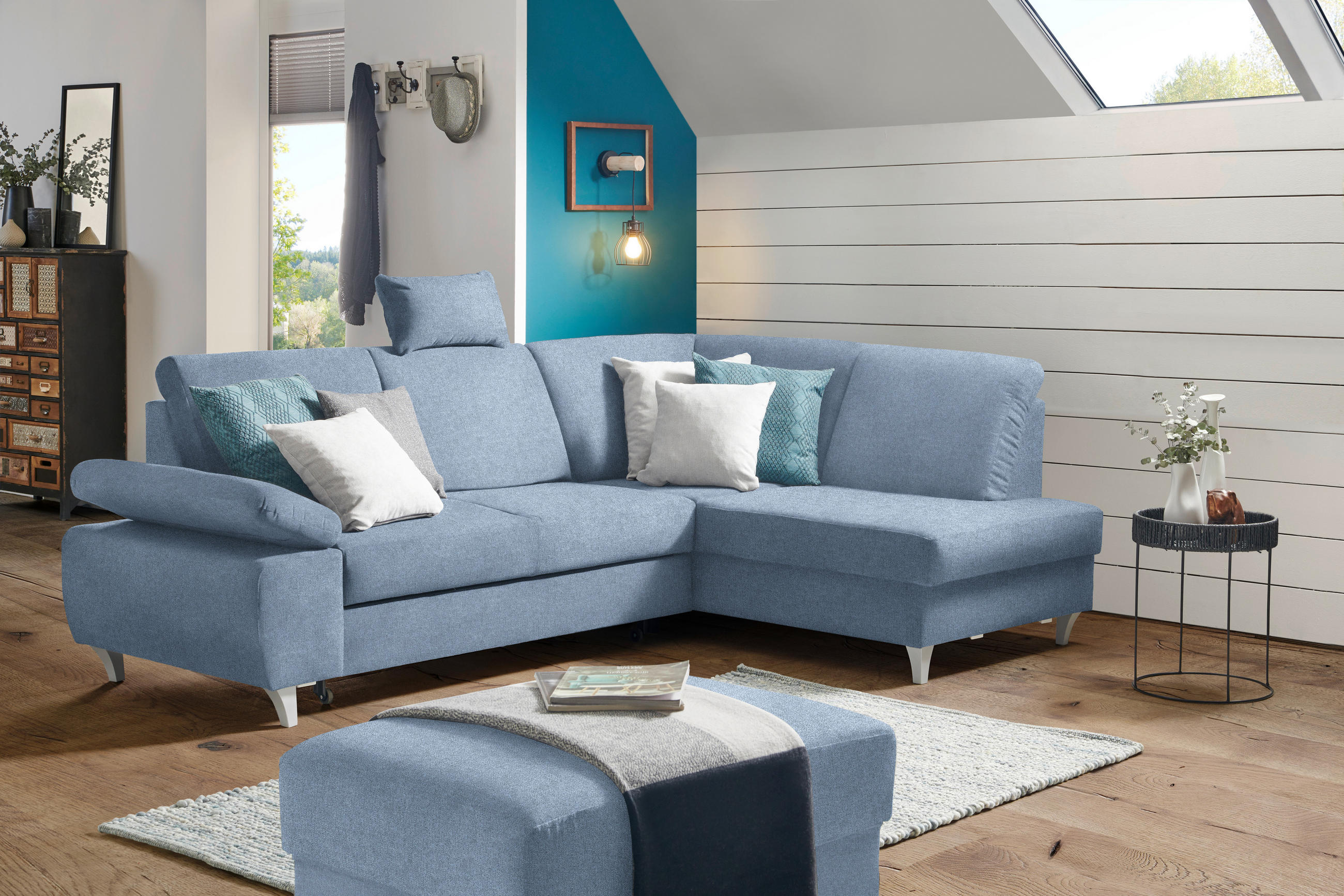ECKSOFA in Flachgewebe Blau  - Blau/Silberfarben, Konventionell, Holz/Textil (255/186cm) - Cantus