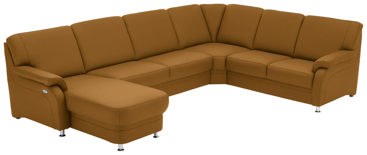 WOHNLANDSCHAFT Echtleder Senfgelb  - Senfgelb/Alufarben, Konventionell, Leder/Metall (165/329/239cm) - Beldomo Premium