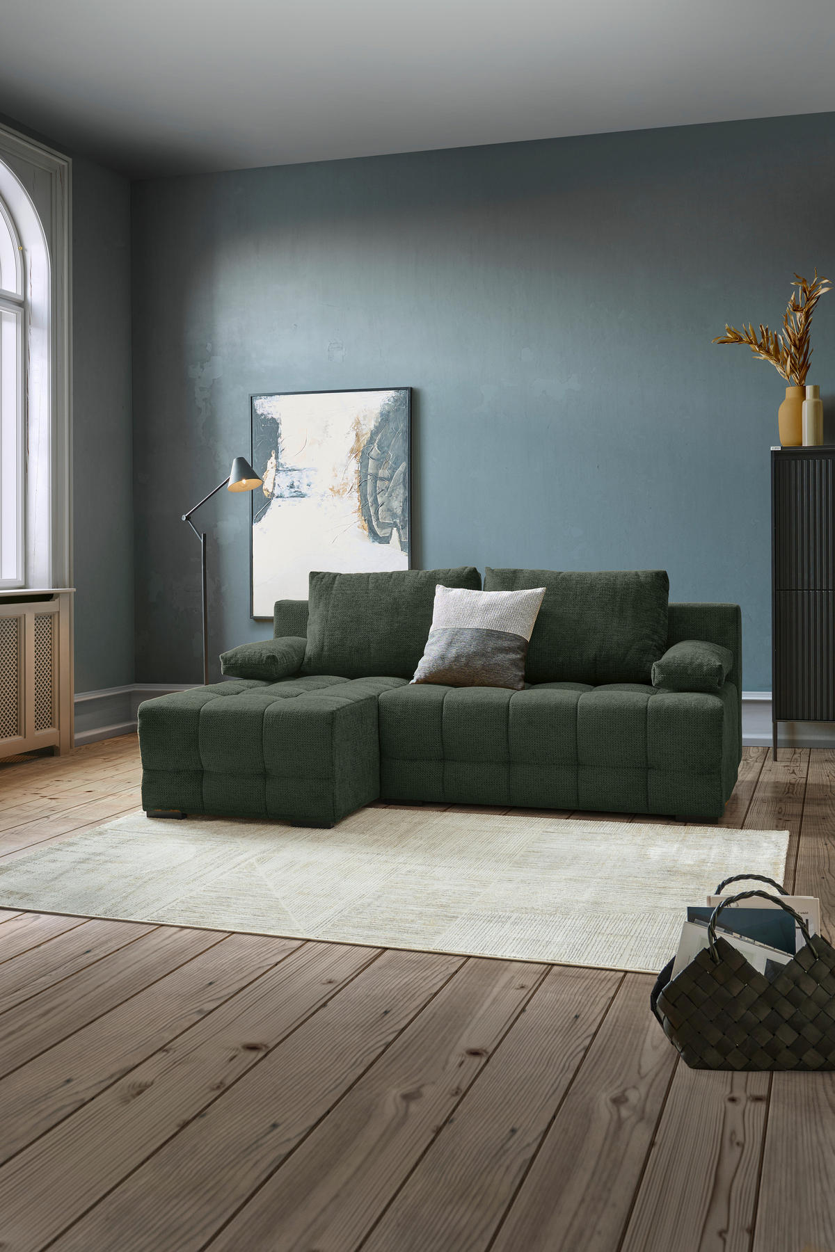 ECKSOFA  in Chenille Dunkelgrün  - Dunkelgrün/Schwarz, MODERN, Kunststoff/Textil (145/204cm) - home24