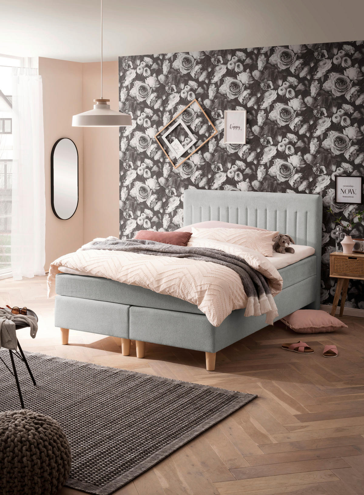 BOXSPRINGBETT 140/200 cm  in Graubraun  - Graubraun/Buchefarben, Basics, Holz/Textil (140/200cm) - Boxxx