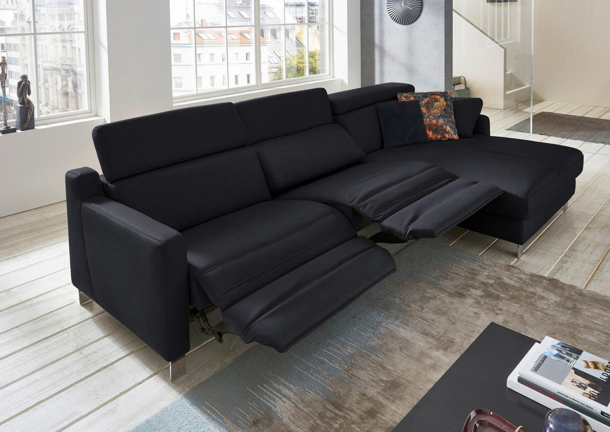 ECKSOFA Echtleder Schwarz  - Chromfarben/Schwarz, Design, Leder/Metall (291/176cm) - Valdera