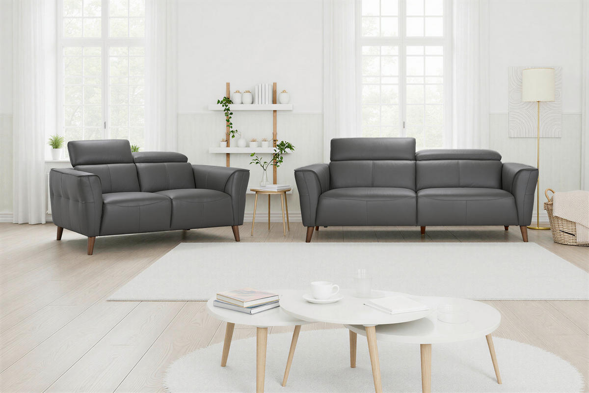 3-SITZER-SOFA  in Echtleder Grau   - Grau, KONVENTIONELL, Leder/Holz (212/92,5/96,5cm) - MID.YOU